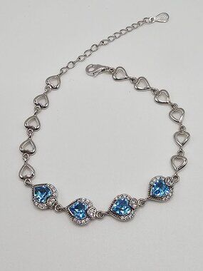 Sterling Silver 925 Rhodium Plated Light Blue Heart CZ Link Bracelet